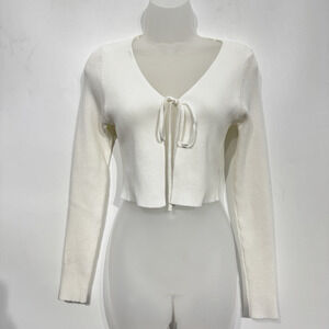 Women’s Ribbed Knit Tie Cardigan Sz L White Balletcore Cottage Slim Dainty Boho
